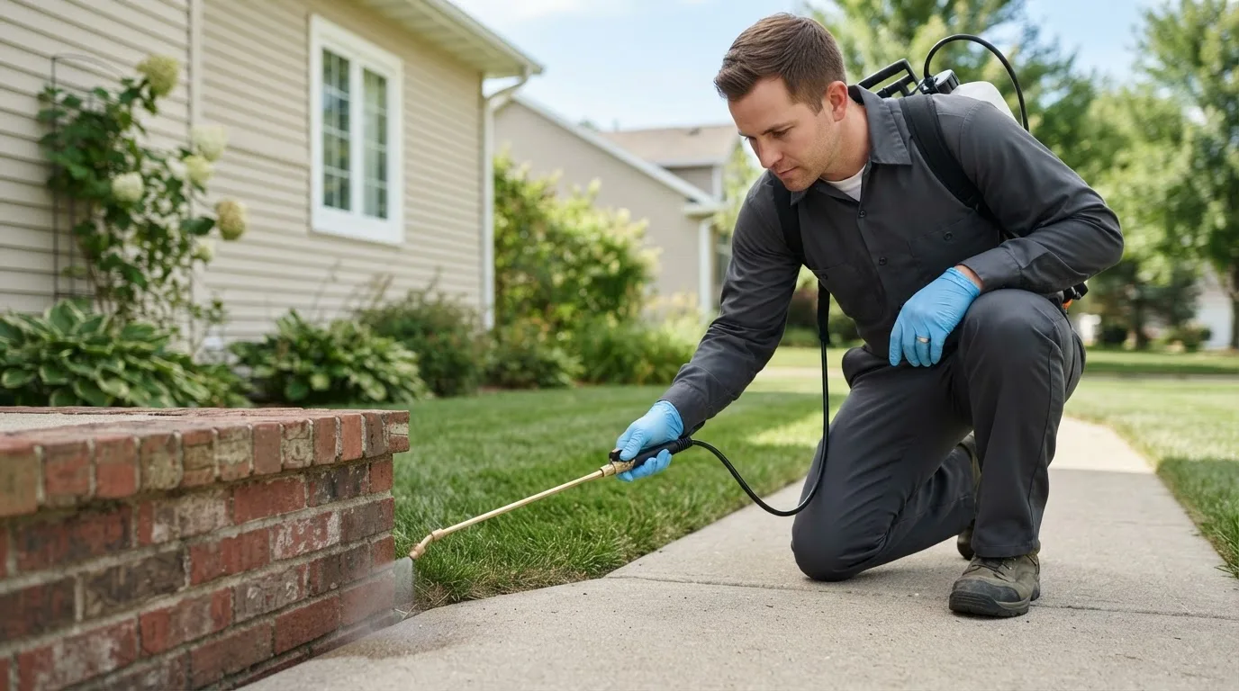 Pest control technician treating a home near Lynndyl, UT